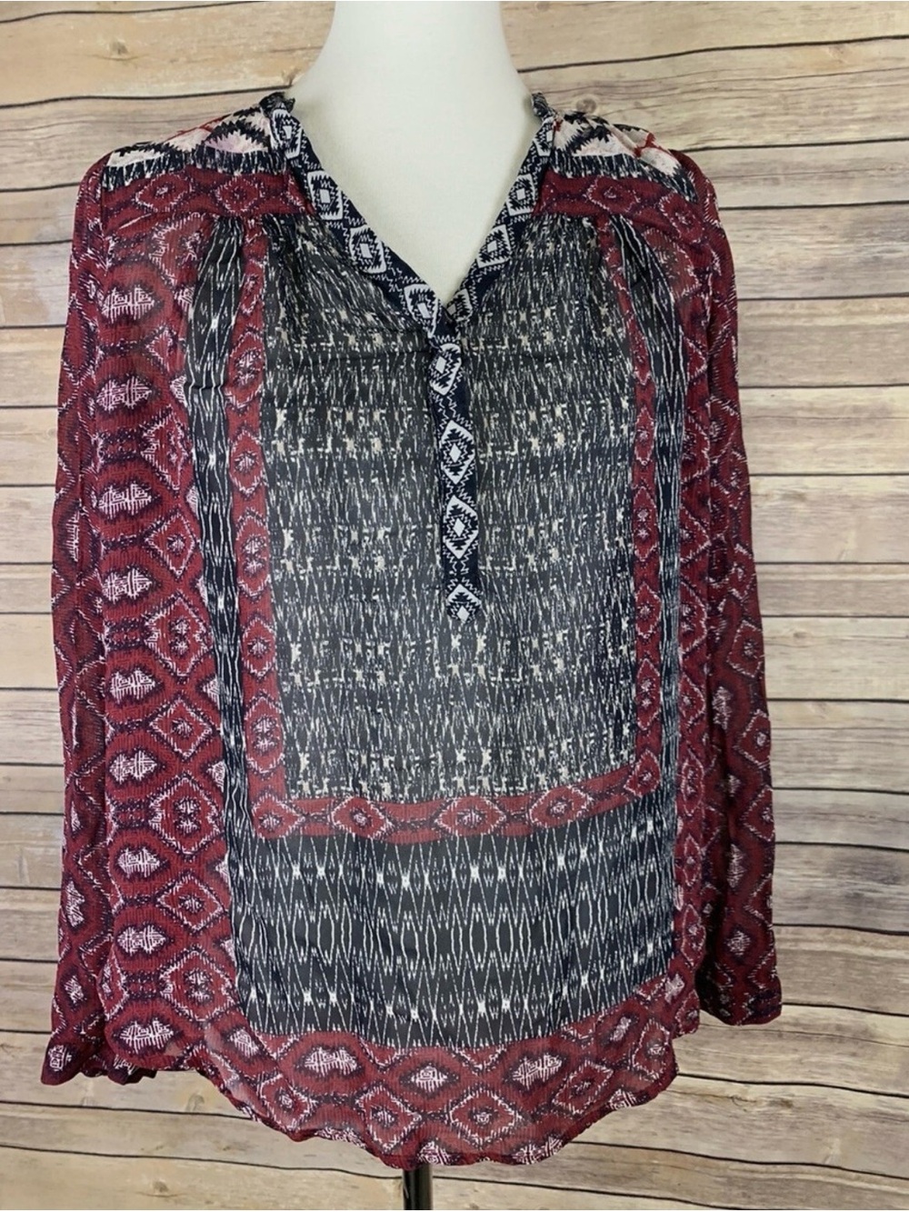 Lucky Brand Women’s Tunic Style Blouse Red &?Black Boho Hippie Long Sleeve Sz M